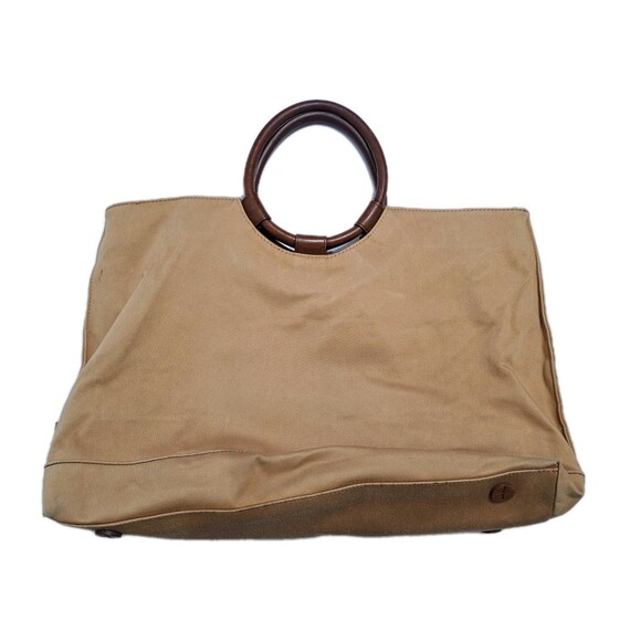 VINTAGE Fossil Canvas Handbag Leather Trim Circle Ring Round Handles Purse - Picture 4 of 7